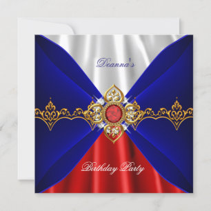 Royal Blue Red White Birthday Gold Jewel Silk Einladung