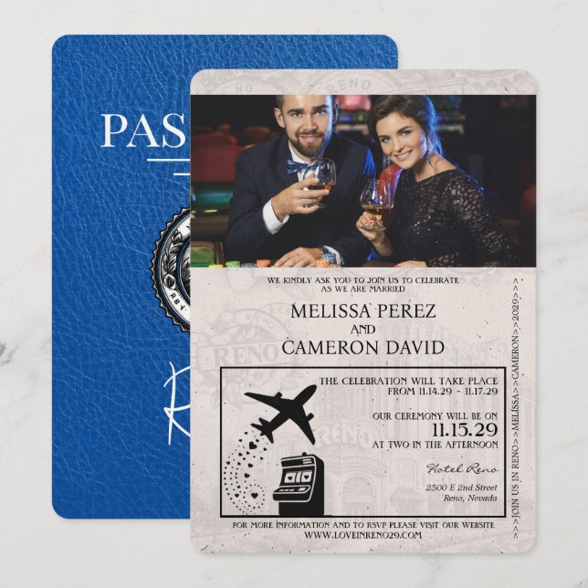 Royal Blue Reno Passport Hochzeit Einladung (Vorne/Hinten)