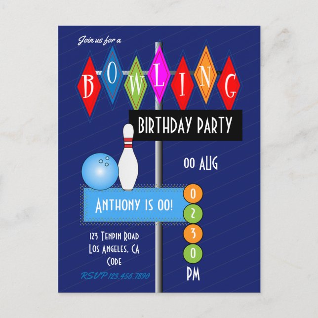 Royal Blue Retro Bowling Birthday Party Postkarte (Vorderseite)