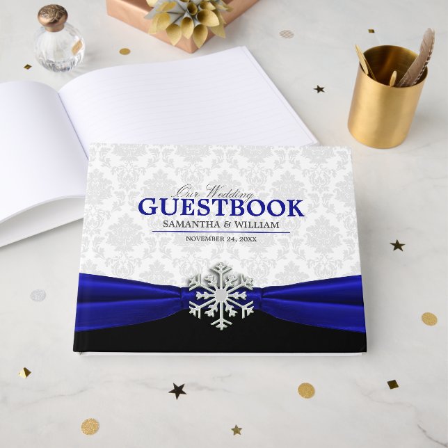 Royal Blue Ribbon Winter Wedding Gästebuch (Vorderseite Offen)