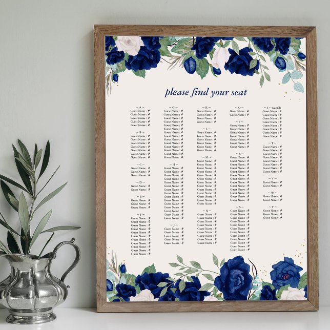 Royal Blue Rose Alphabetisierungstabelle Poster (Alphabetical Seating Chart with royal navy blue rose borders Available printed or printable download)