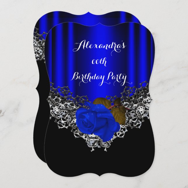 Royal Blue Rose Birthday Party Lace Black Silver Einladung (Vorne/Hinten)