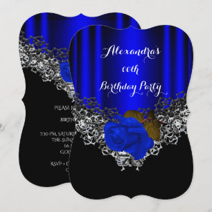 Royal Blue Rose Birthday Party Lace Black Silver Einladung