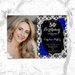 Royal Blue Rose Black Damask Foto 50. Geburtstag Einladung<br><div class="desc">Elegante florale feminine 50. Geburtstagseinladung mit Ihrem Foto. Glam Schwarz-weißes königsblaues Design mit Imitaten Glitzer Silber. Enthält schwarz-weiße Damask-Muster,  Saphire-Rose,  Skript-Schriftart und Konfetti. Ideal für ein stilvolles Party für Erwachsene. Personalisieren Sie Ihre persönlichen Daten. Kann für jedes Alter angepasst werden! Gedruckte Zazzle Einladungen oder Sofortdownload digitalen druckbaren Vorlage.</div>