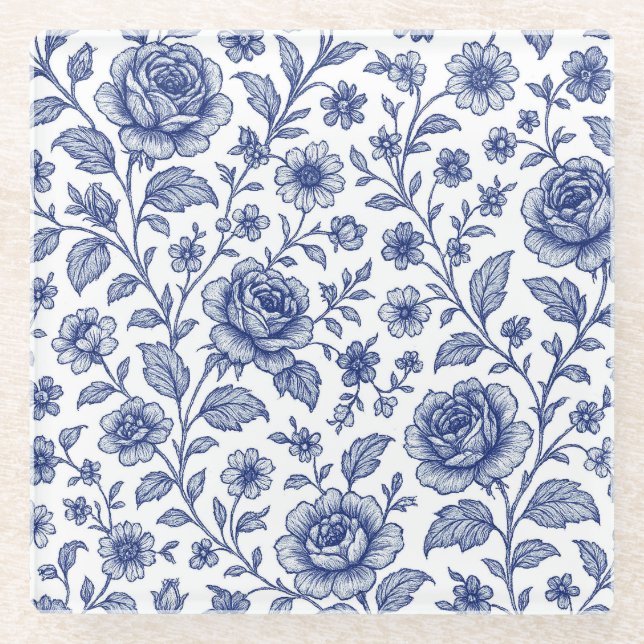 Royal Blue Rose Blumenmuster Glasuntersetzer (Vorderseite)