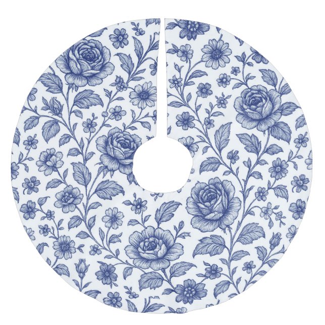 Royal Blue Rose Blumenmuster Polyester Weihnachtsbaumdecke (Vorderseite)