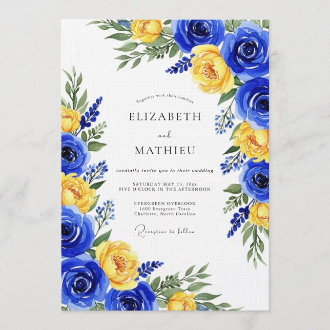 Royal Blue Rose Botanical Wedding Einladung (Vorderseite)