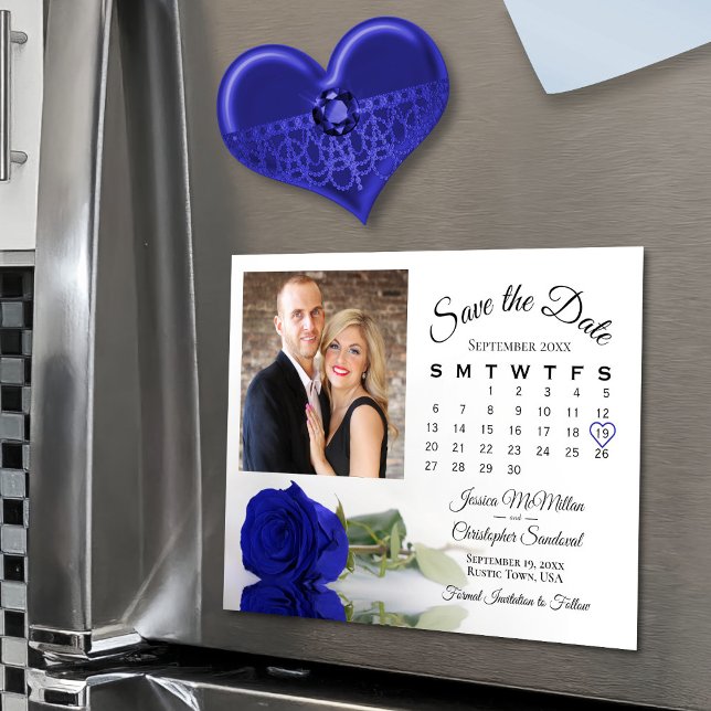 Royal Blue Rose Calendar & Foto Rett Date Magnet (Magnetic for easy display!)