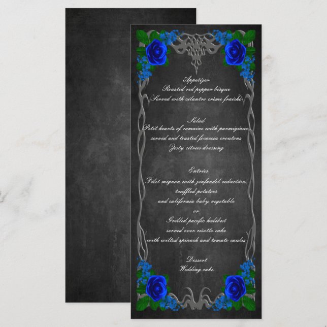 Royal Blue Rose Chalk Board Hochzeit im Herbst Kar Menükarte (Vorne/Hinten)