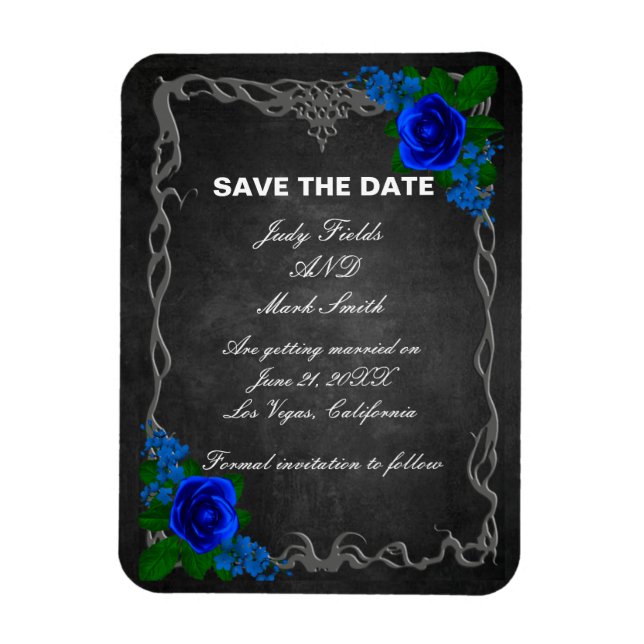 Royal Blue Rose Chalk Board Hochzeit speichern das Magnet (Vertikal)