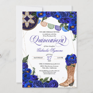 Royal Blue Rose Charra Cowgirl Western Quinceañera Einladung