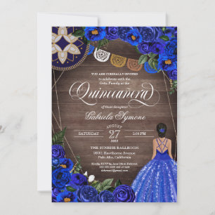 Royal Blue Rose Charro Country Gown Quinceanera Einladung