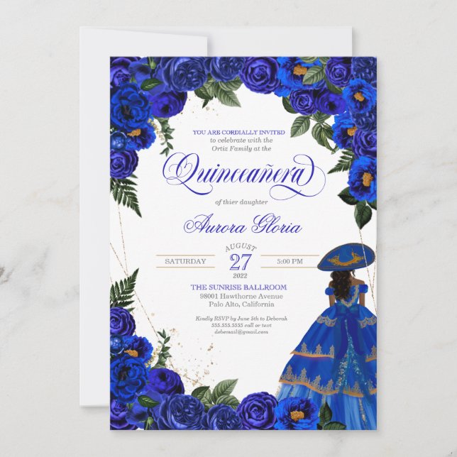 Royal Blue Rose Charro Dress Floral Quinceanera Einladung (Vorderseite)