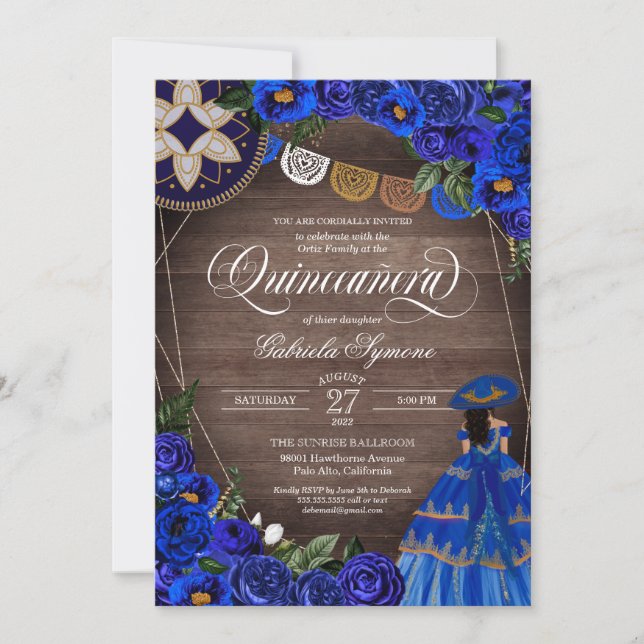 Royal Blue Rose Charro/Mariachi Rustic Quinceanera Einladung (Vorderseite)
