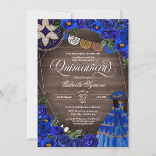 Royal Blue Rose Charro/Mariachi Rustic Quinceanera Einladung