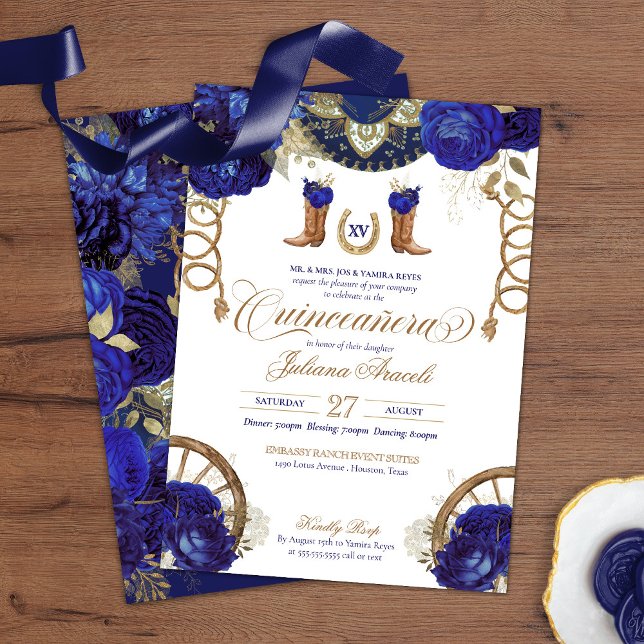 Royal Blue Rose Country Western Charro Quinceanera Einladung (Von Creator hochgeladen)