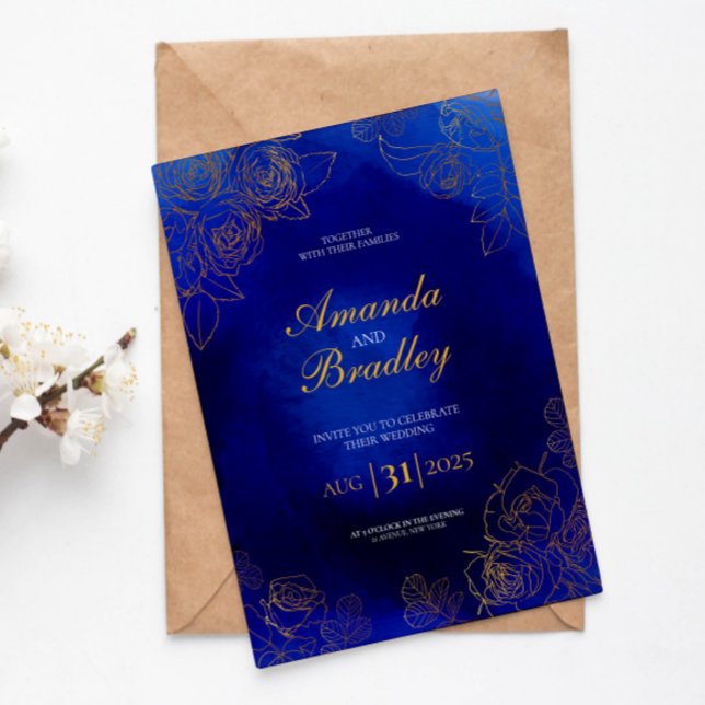 Royal Blue Rose Extravagant Gold Lace QR Code Wedd Einladung (Von Creator hochgeladen)