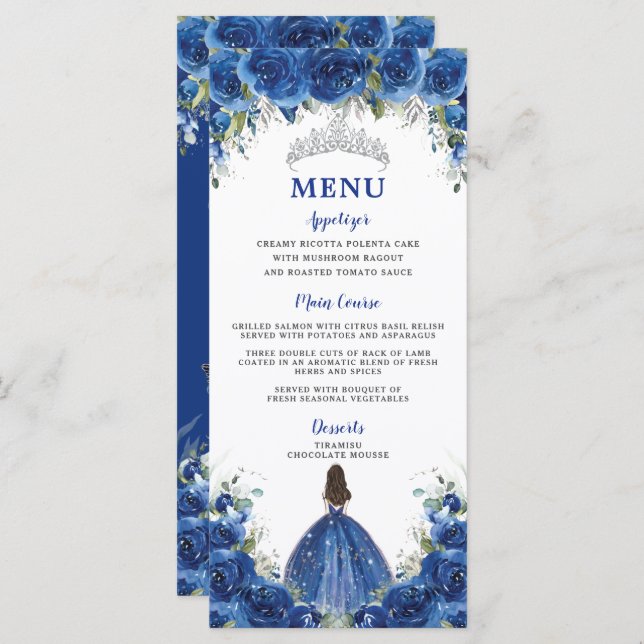 Royal Blue Rose Floral Girl Dress Quinceañera Menü Programm (Vorne/Hinten)