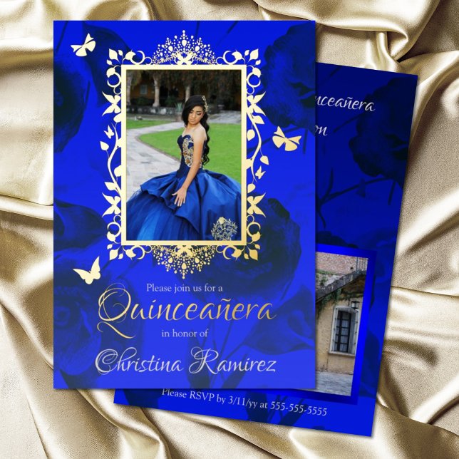Royal Blue Rose, Gold Butterfly Frame Quinceanera Folieneinladung (elegant floral blue quinceanera invitation, royal blue roses gold ornate fancy border with butterfly)