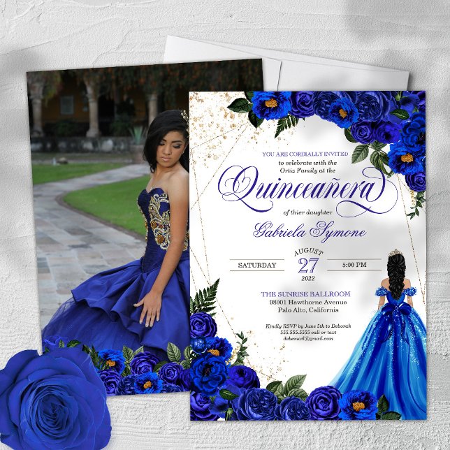Royal Blue Rose & Gold Elegantes Foto Quinceñera Einladung (Von Creator hochgeladen)