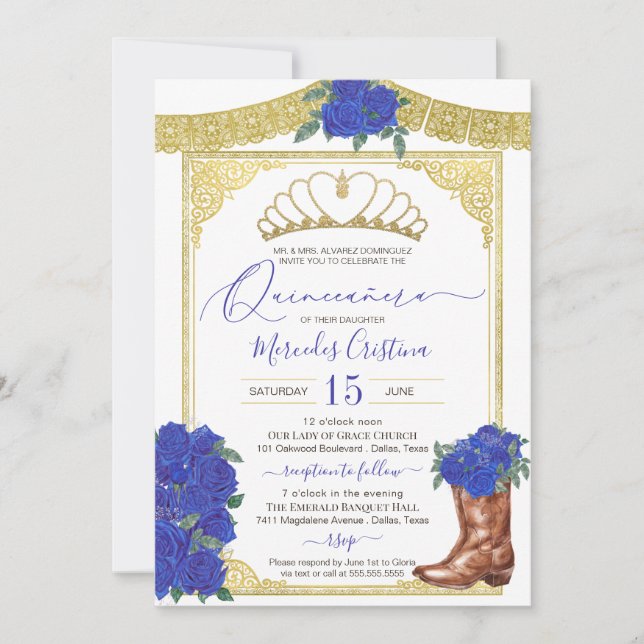 Royal Blue Rose Gold Floral Charro Quinceanera Einladung (Vorderseite)