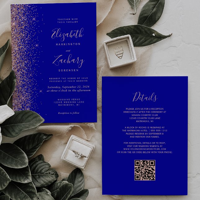 Royal Blue Rose Gold Glitzer QR Code Wedding Einladung (Von Creator hochgeladen)