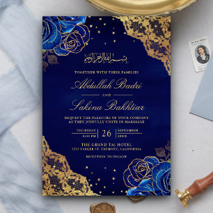 Royal Blue Rose Gold Lace QR Code Muslime Hochzeit Einladung