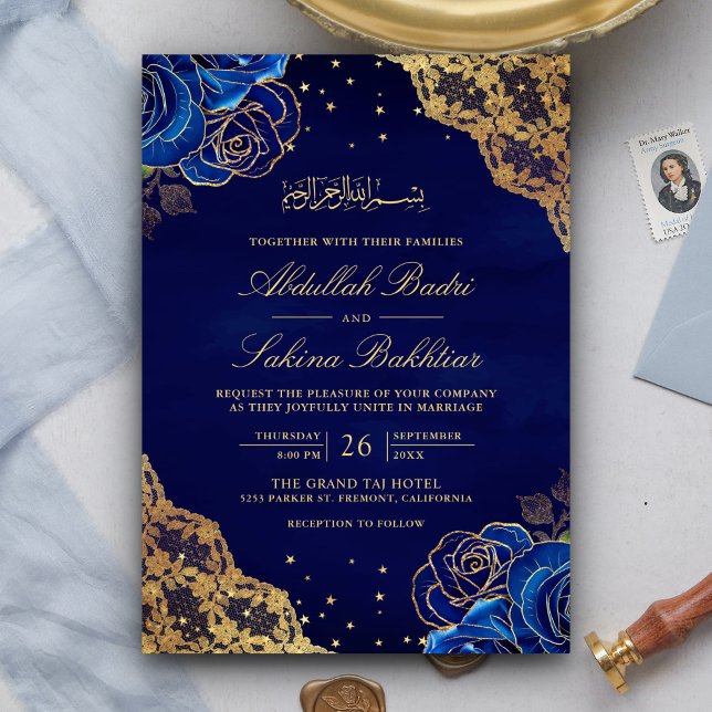 Royal Blue Rose Gold Lace QR Code Muslime Hochzeit Einladung (Von Creator hochgeladen)