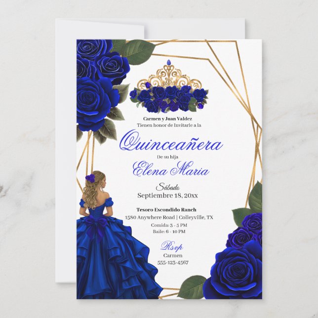 Royal Blue Rose Gold Quinceañera Einladung (Vorderseite)