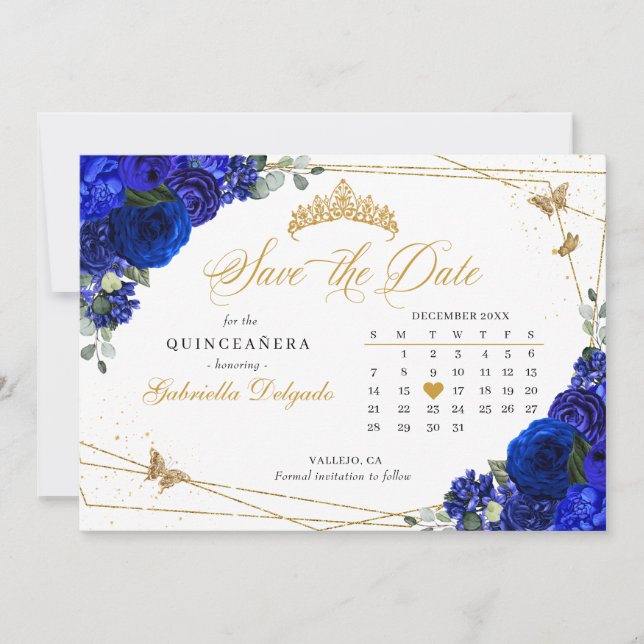 Royal Blue Rose & Gold Quinceñera Save the Date Einladung (Vorderseite)