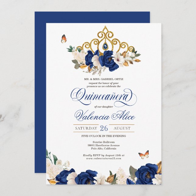 Royal Blue Rose Gold Tiara Butterfly Quinceañera Einladung