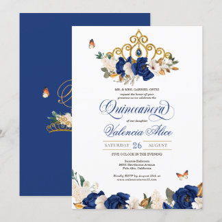 Royal Blue Rose Gold Tiara Butterfly Quinceañera Einladung