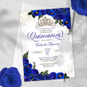 Royal Blue Rose & Gold Tiara Elegantes Quinceñera Einladung