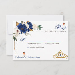 Royal Blue Rose Gold Tiara Quinceanera RSVP Karte