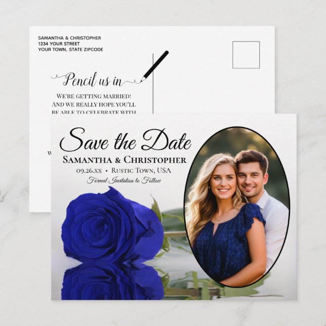 Royal Blue Rose Oval Foto Hochzeit speichern das D Ankündigungspostkarte (Vorne/Hinten)