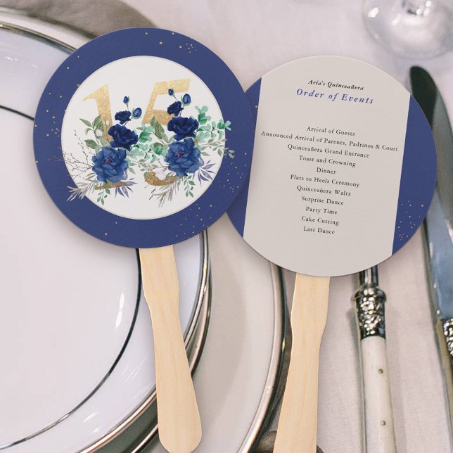 Royal Blue Rose Quinceanera Fächer (Quinceanera Program Hand Fans with Order of Events and Gold number 15 and floral arrangement)