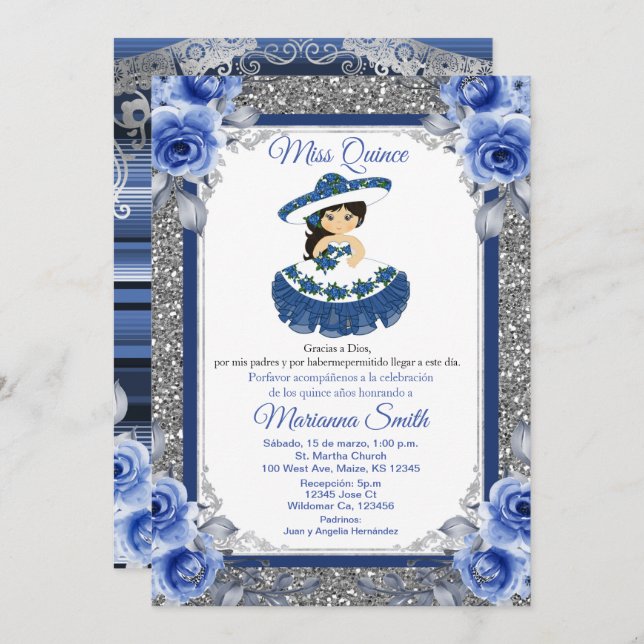 Royal Blue Rose Quinceñera Einladung (Vorne/Hinten)