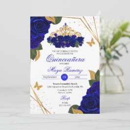 Royal Blue Rose Tiara Gold Glitzer Quinceañera Einladung