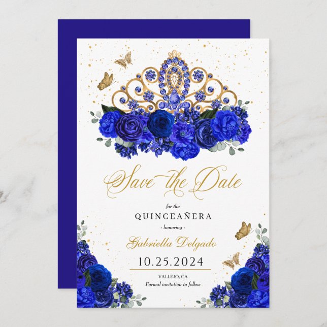 Royal Blue Rose Tiara Save the Date Quinceañera Einladung (Vorne/Hinten)