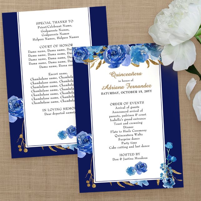 Royal Blue Rose und Elegante Gold Leaf Quinceanera Programm (Program Order of Events card from my Rose and Gold Leaf quinceanera collection)