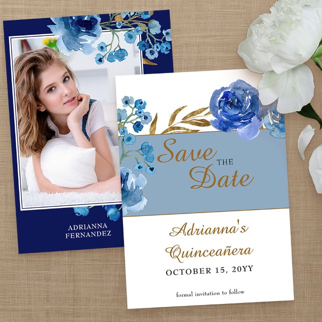 Royal Blue Rose und Gold Leaf Quinceanera Foto Save The Date (Photo Save the Date from my Rose and Gold Leaf quinceanera collection)