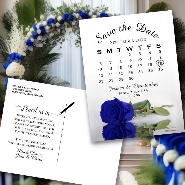 Royal Blue Rose Wedding Calendar Save the Date Ankündigungspostkarte (Front/Back)