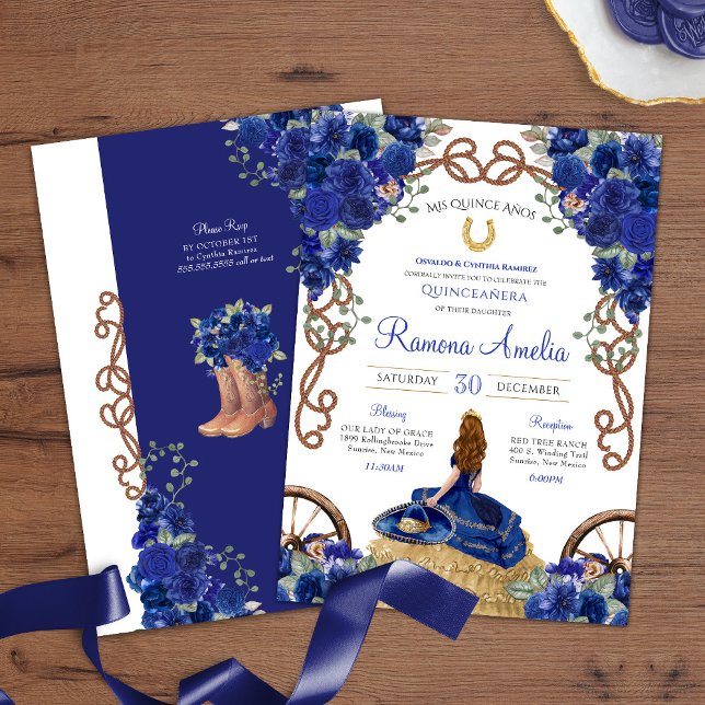 Royal Blue Rose Western Charro Quinceanera Einladung (Von Creator hochgeladen)