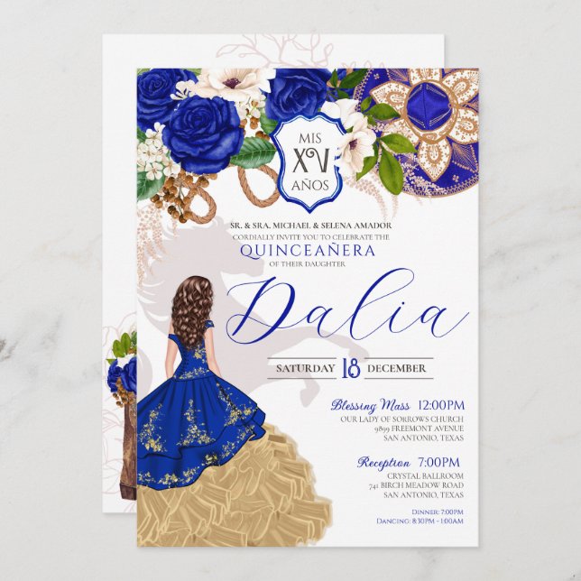 Royal Blue Rose Western Charro Quinceañera Invitat Einladung (Vorne/Hinten)