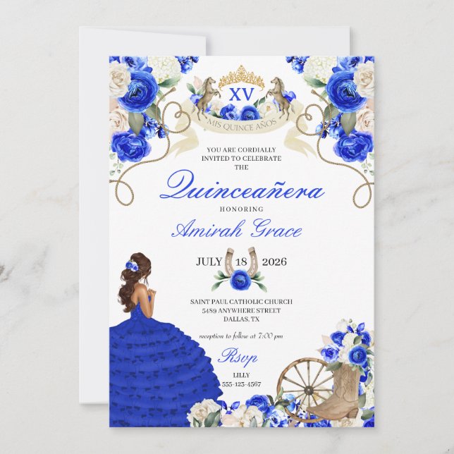 Royal Blue Rose Western Cowgirl Quinceañera Einladung (Vorderseite)