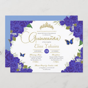 Royal Blue Rosen Floral Tiara Butterfly Quinceaner Einladung