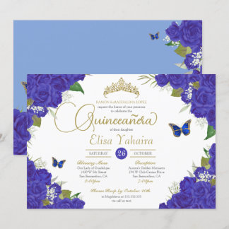 Royal Blue Rosen Floral Tiara Butterfly Quinceaner Einladung