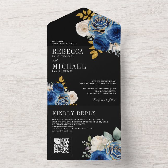 Royal Blue Roses Floral QR Code Black Wedding All In One Einladung (Innen Boden)