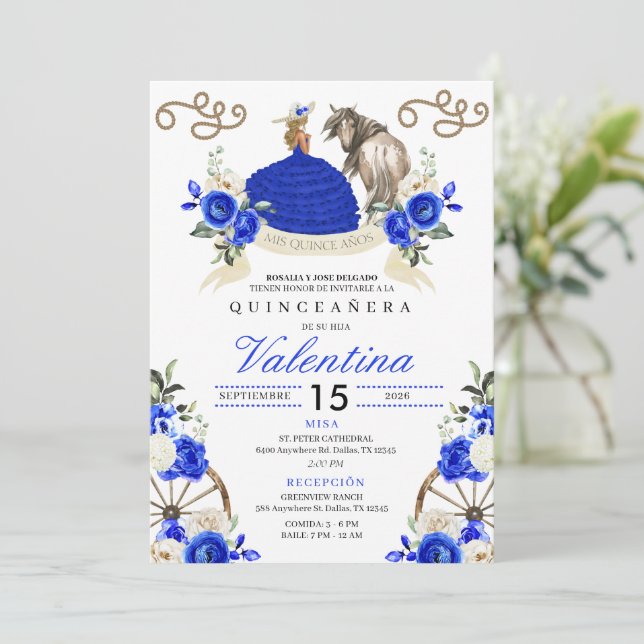 Royal Blue Rustic Charro Western Quinceañera Einladung (Stehend Vorderseite)