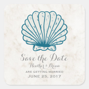 Royal Blue Rustic Seashell Save the Date Quadratischer Aufkleber
